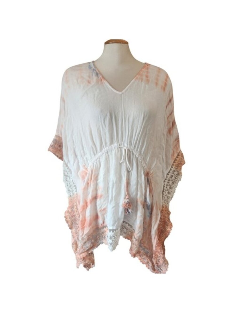 Cream Clothing Tie Dye Lace Trim Kaftan Top Peach Blue Boho Tassel V-Neck S